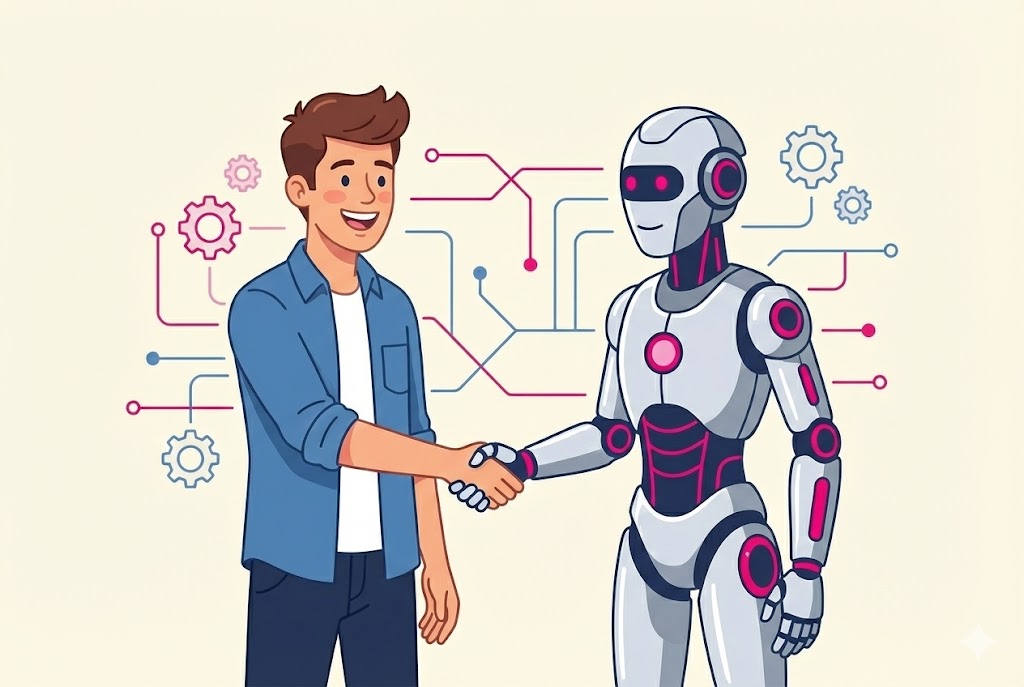 Un hombre dandose la mano con un robot